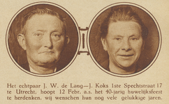 872925 Dubbelportret van het echtpaar De Lang-Koks (1e Spechtstraat 17) te Utrecht, dat 40 jaar getrouwd is.